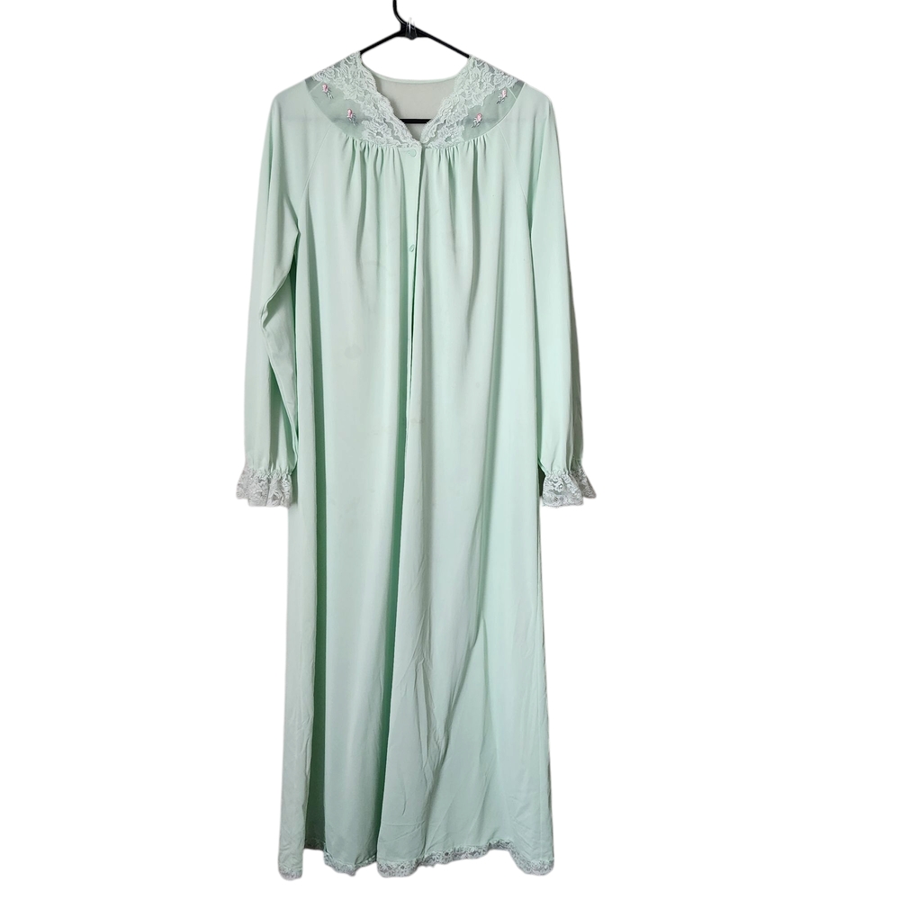SHADOW LINE 60's nylon Mint Green Nightgown long sleeve maxi button front lace S